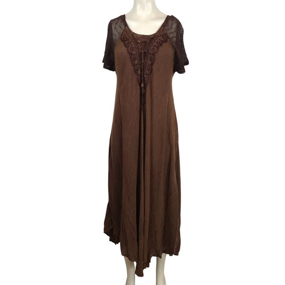 SAKKAS- WOMEN'S FREE SIZE - CHOCOLATE BROWN SHORT SLEEVE BOHO EMBROIDERED DRESS - Picture 1 of 9